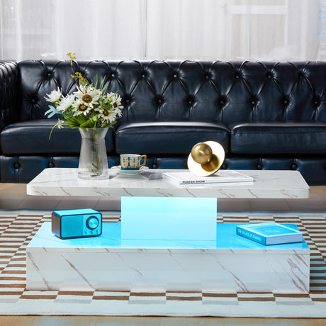 White Coffee Table with Storage, High Gloss Modern Coffee Table for Living Room, Marble Grain Wood Coffee Table, Smart Large Living Room Table with LED affeivul