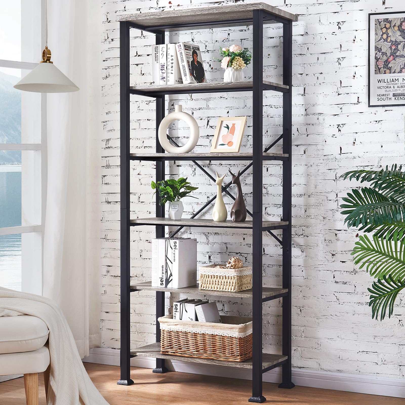 HOMBAZAAR Rustic Grey 6-Tier Bookshelf with Metal Frame – Elegant Heavy Duty Storage for Living Room, Office, and Bedroom - WoodArtSupply