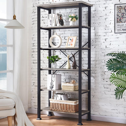 HOMBAZAAR Rustic Grey 6-Tier Bookshelf with Metal Frame – Elegant Heavy Duty Storage for Living Room, Office, and Bedroom - WoodArtSupply