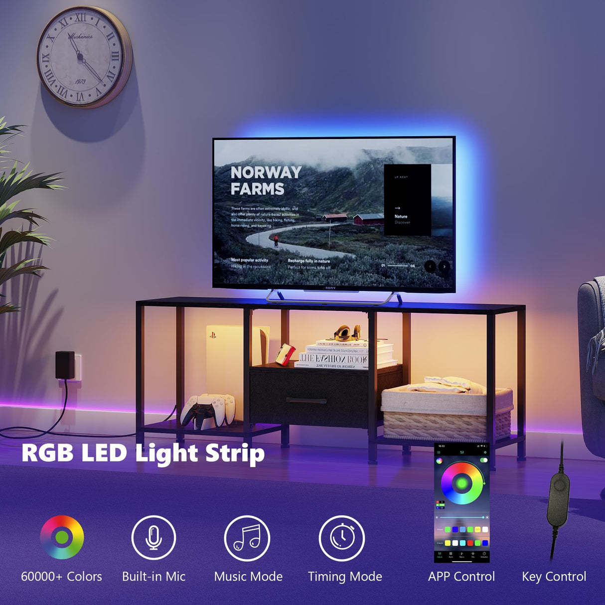 JARHETUN TV Stand with LED Lights, Entertainment Center with Open Shelves and Fabric Drawer, Media Console for 55 Inch TV, Television Stands for Living Room, Bedroom, Black JARHETUN