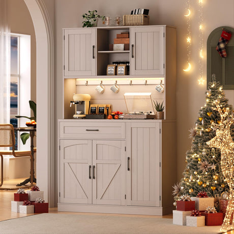 ONBRILL 71" Pantry Cabinet, Kitchen Pantry Storage Cabinet with LED Light & Outlet, Kitchen Hutch with Microwave Shelf & 6 Hooks, Door Shelves & Drawer & Adjustable Shelves, for Kitchen, Dining Room ONBRILL
