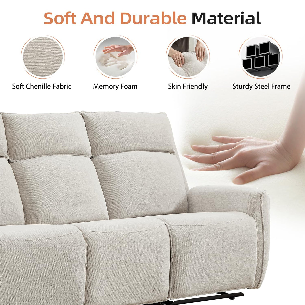 INZOY Manual Loveseat Recliner Sofa, Wall-Hugger 3 Seat Reclining Love Seat Couches, Chenille Fabric Reclinable Sofa Set, 3-Seater Recliner Chair for Living Room, Office, Apartment, Beige INZOY
