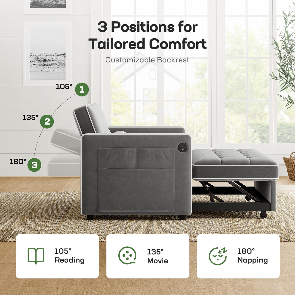 Marsail 3-in-1 Convertible Futon Sofa Bed with USB Charging Port & Adjustable Backrest, Velvet Loveseat with Side Pockets, Pull Out Sleeper Couch Suitable for Small Spaces, Grey Marsail