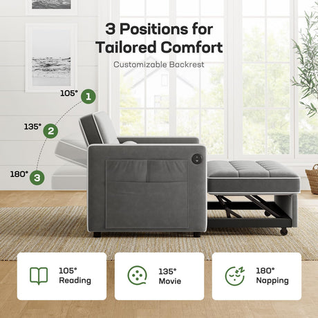 Marsail 3-in-1 Convertible Futon Sofa Bed with USB Charging Port & Adjustable Backrest, Velvet Loveseat with Side Pockets, Pull Out Sleeper Couch Suitable for Small Spaces, Grey Marsail