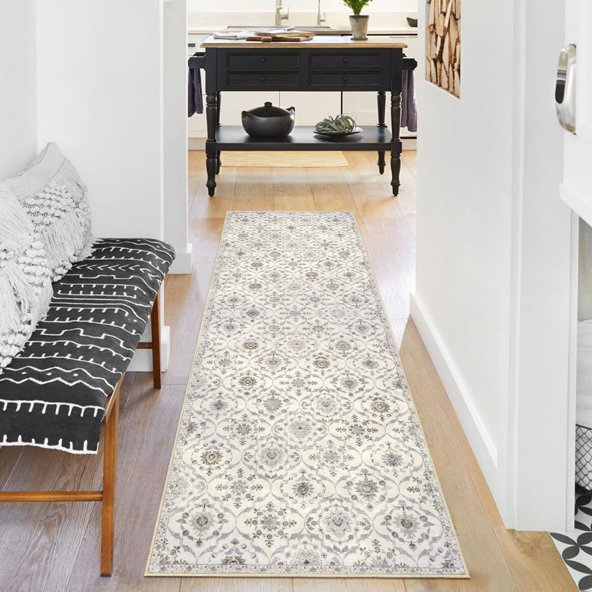 KILOCOCO 2x6 Runner Rug, Moroccan Washable Hallway Entryway Runner Rug, Accent Print Faux Wool Kitchen Runner Rug 6 Feet Non-Slip Boho Rug Runner for Laundry Room Bedroom, Beige Yellow KILOCOCO