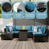Peacabo 8 Piece Outdoor Patio Furniture Set with Fire Pit Table, Wicker Sectional Sofa Set with Thick Cushions, Perfect for Garden Lawn Pool or Backyard, (Brown/Peacock Blue) Peacabo