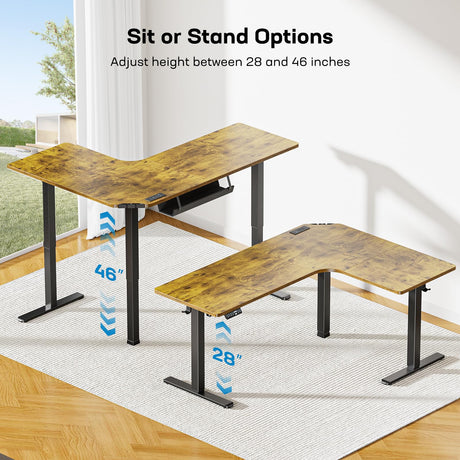 HUANUO 63″ Dual Motor L-Shaped Standing Desk, Built-in Power Outlets, Electric Height Adjustable Corner Computer Desk, Large Power Strip Holder, Sit Stand Up Desk with 3 Preset Heights, Vintage Brown HUANUO
