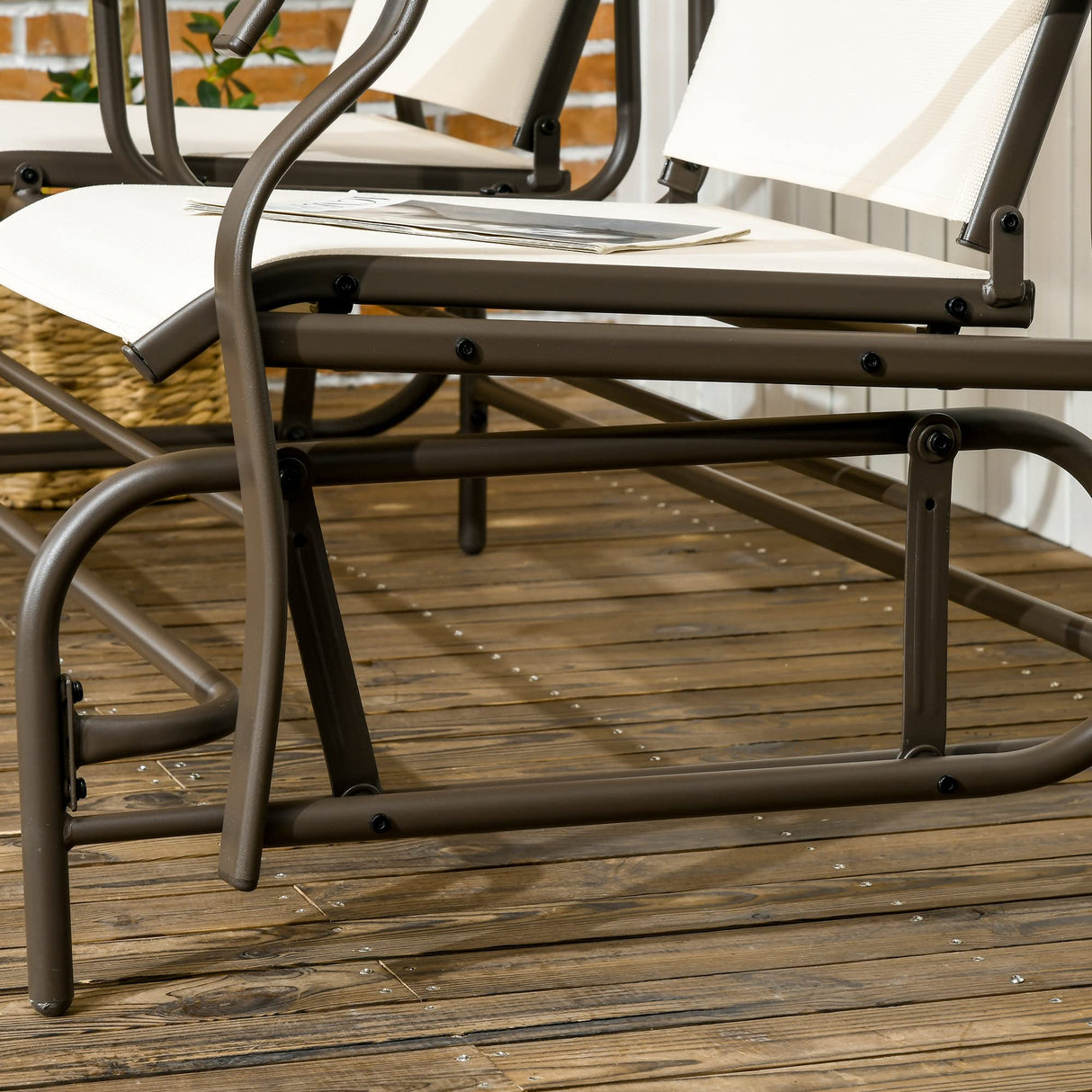 Outsunny Outdoor Glider Bench with Center Table, Metal Frame Patio Loveseat with Breathable Mesh Fabric and Armrests for Backyard Garden Porch, Beige Outsunny