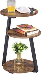 BEWISHOME Round End Table Side Table with Metal Frame, Accent Table Nightstand Bedside Table with 3-Tier Shelves for Living Room Bedroom Couch Small Coffee Table Rustic Brown KTZ41Z BEWISHOME