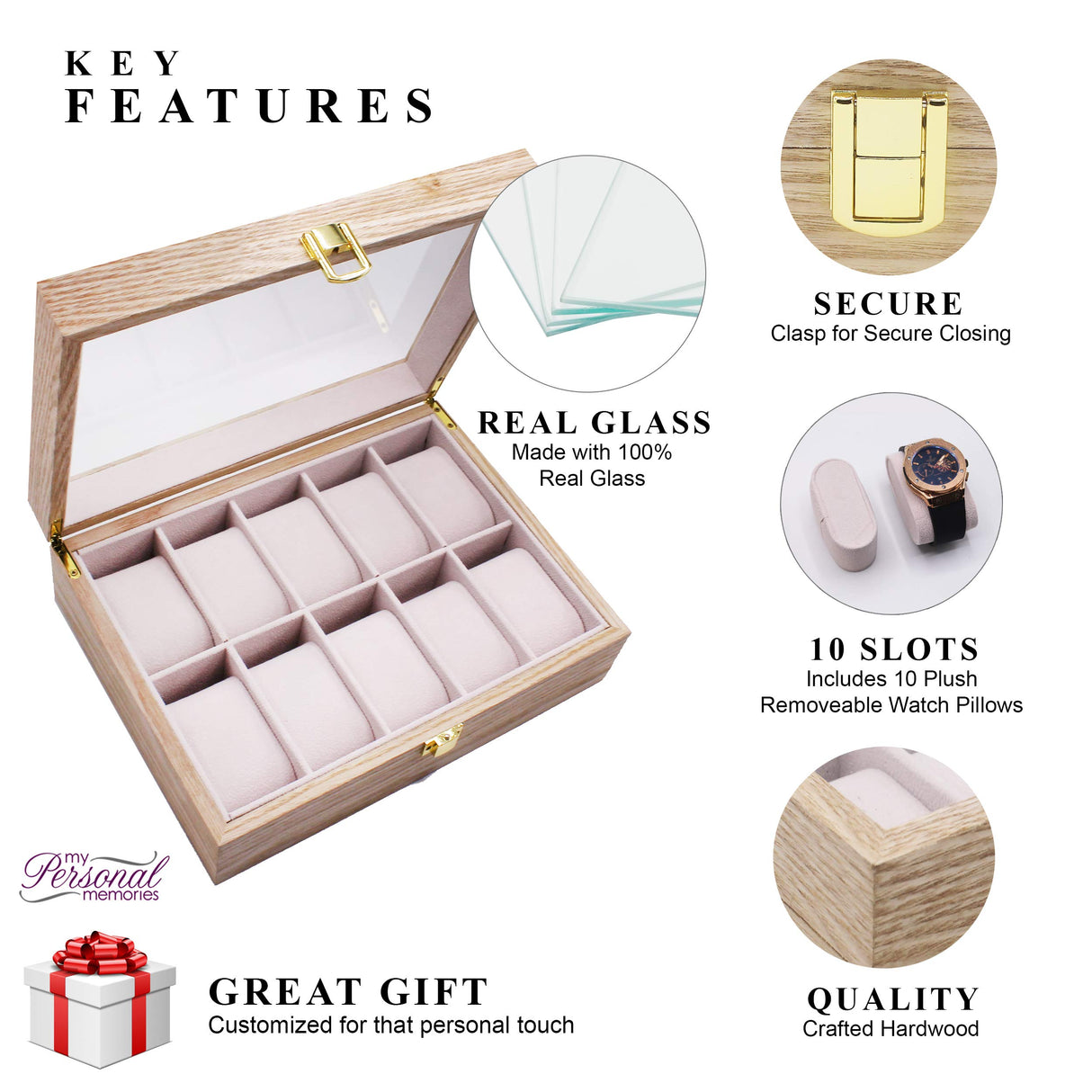 My Personal Memories Custom Personalized Watch Storage Box Glass Display Case for Men, Him, Husband - Engraved and Monogrammed (Distressed Wood) My Personal Memories