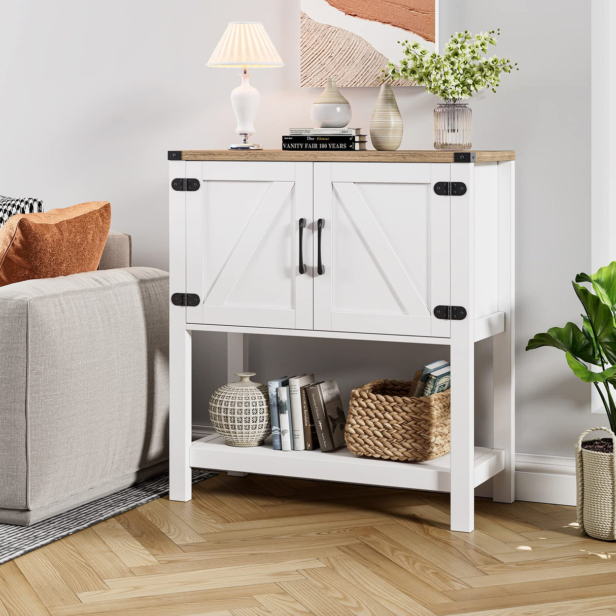 Mufico Farmhouse Console Table with Storage Cabinets – Versatile Entryway and Coffee Bar Table in White Mufico