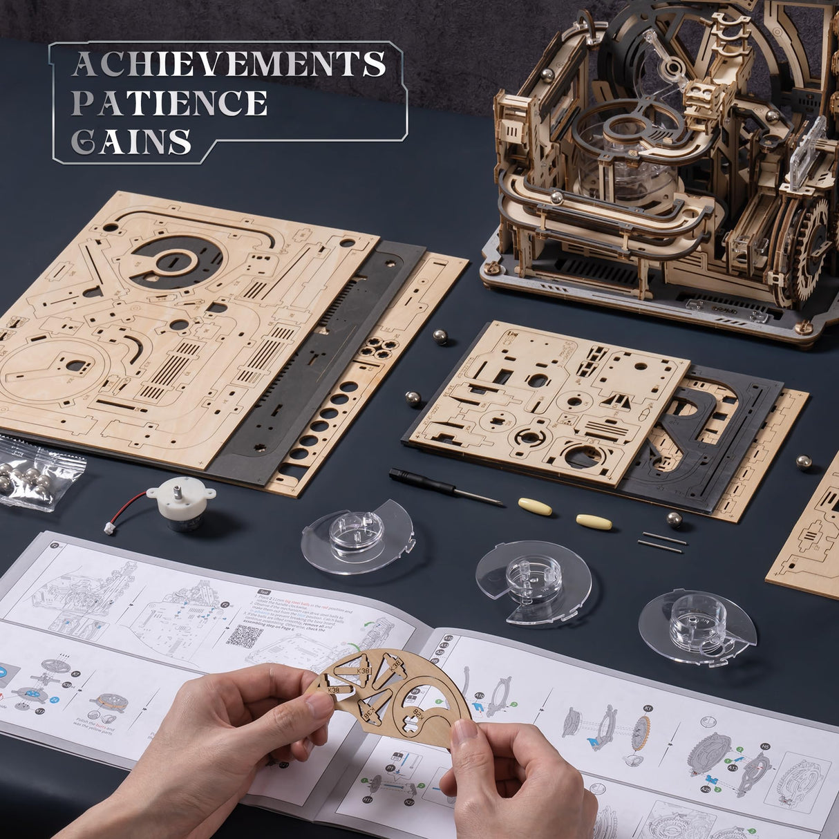 ROKR 3D Puzzles for Adults, Electric Model Kits Marble Spaceport LGC01, 472pcs Marble Run Brain Teaser Wooden Puzzles Building Toy, Desk Decor Creative Birthday Gifts for Men/Women/Teens 14+ ROKR