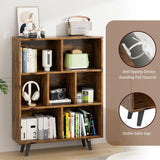 Vongrasig 7 Cube Bookshelf, 3 Tier Mid-Century Modern Bookcase with Legs, Wooden Bookshelf Storage Organizer Display Bookcase for Bedroom, Living Room, Office, Rustic Brown Vongrasig