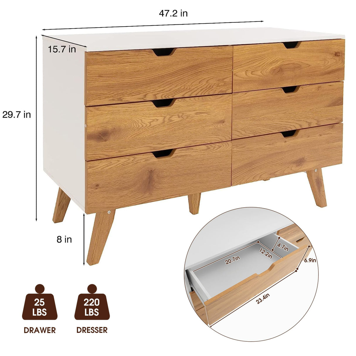EazeHome Dresser for Bedroom with 6 Drawers, Rustic Brown Modern Wide Chest of Drawers, Large Wooden Storage Organizer for Living Room, Hallway, Entryway EazeHome