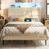 LINSY Wood Bed Frame, Queen Bed Frame with Headboard LED, Wooden Platform Frames with Charging Station, No Box Spring Needed, Easy Assembly, Natural Wood LINSY