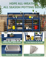 FOOWIN Potting Bench, HDPE Outdoor Potting Table with Sink, All-Weather Potting Benches for Outside, Gardening Table with Storage Shelf, Hook, for Garden, Patio, Lawns, Navy Blue FOOWIN
