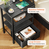 SUPERJARE Nightstand with Charging Station, Bed Side Table with Adjustable Fabric Drawer, Night Stand for Bedroom, 3-Tier Storage End Table, for Living Room, Charcoal Black Wood Grain Print SUPERJARE