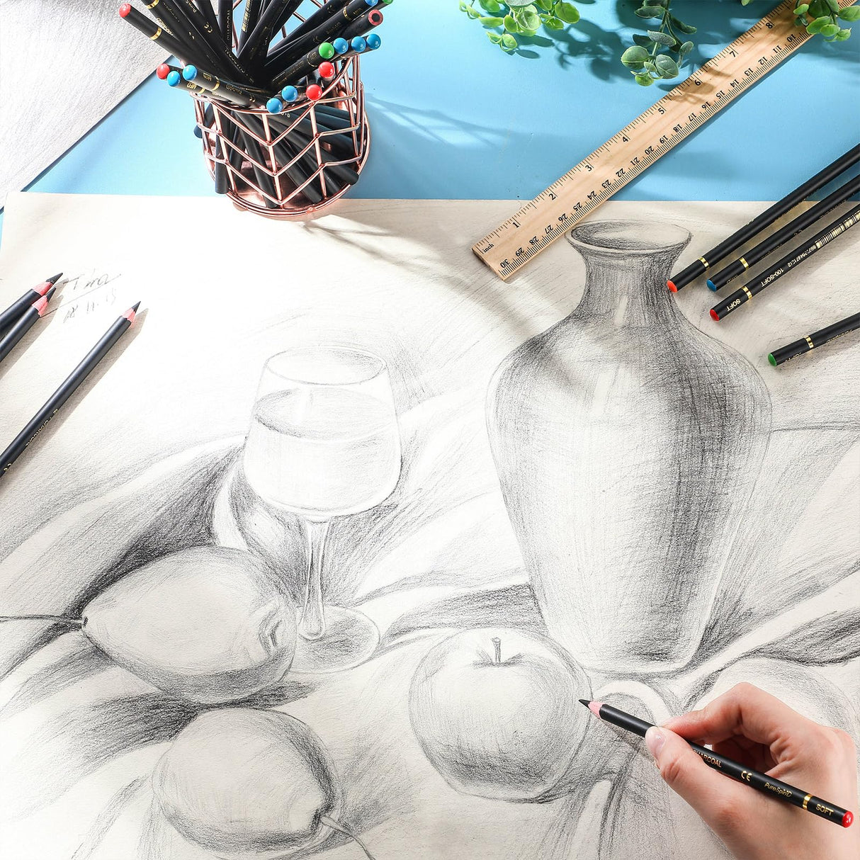 Resurhang 100 Pcs Charcoal Pencils Drawing Set, Charcoal Pencils bulk for Drawing Sketching Shading Blending Portrait Beginners and Artists(Black,Super Soft, Soft, Medium and Hard) Resurhang