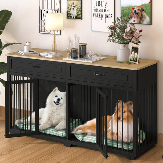 PIAOMTIEE Dog Crate Furniture, 72.4 Inch Wooden Dog Kennel, Modern Decorative Dog House, Dog Crate End Table with Double Doors, Drawers, Divider, Indoor Dog Cage for Large Medium Dogs, Black - WoodArtSupply