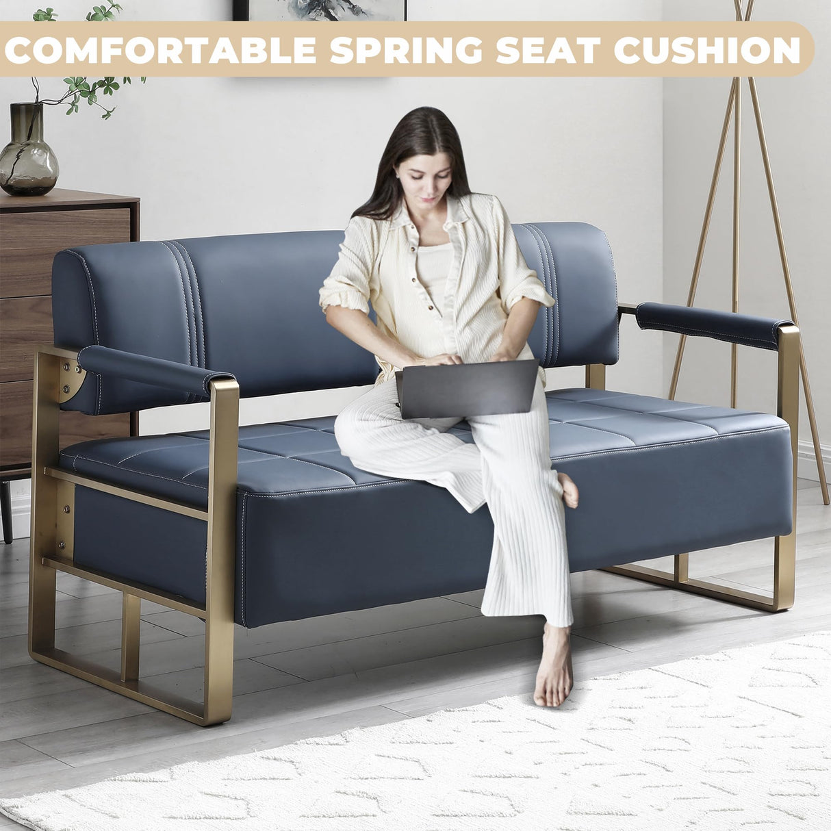 PBOGHLRD 57.9" Modern Leather Loveseat Sofa, Upholstery Faux Bonded Leather Accent Futon Couch with Metal Square Arms for Living Room, Office, Apartment (Navy Blue) PBOGHLRD