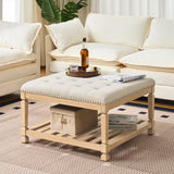 Befurtori Large Square Ottoman Coffee Table, Linen Solid Upholstered Footrest Ottoman with Solid Wood Shelf Storage Tufted Coffee Table for Bedroom Living Room-Ivory Befurtori