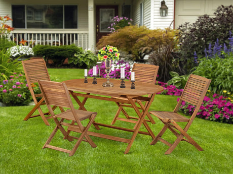 East West Furniture - DIFM5CWNA 5-Piece Mid Century Outdoor Table Set - A Mid Century Outdoor Table Oval Tabletop and 4 Patio Outdoor Chairs with Solid Back, Medium, Natural Finish East West Furniture