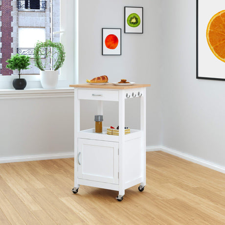 eHemco Kitchen Island Cart on Wheels with Drawer, Storage Cabinet, Shelf and Natural Solid Hardwood Top, White Base eHemco