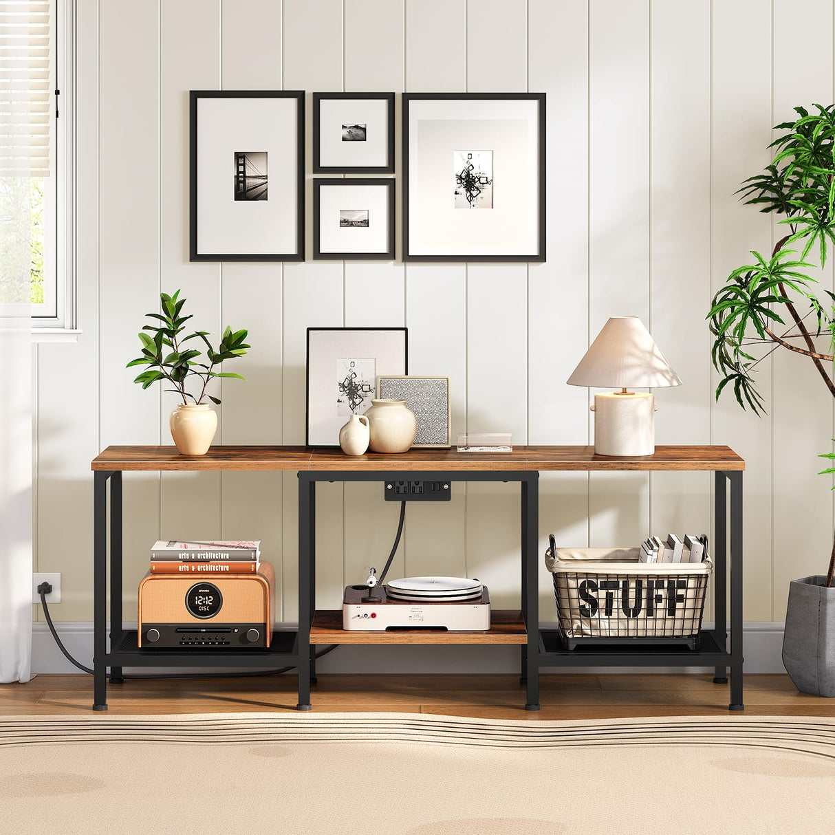 HOOBRO TV Stand with Charging Station to 55 Inches, LED Entertainment Center, Media TV Console Table with Open Storage Shelving for Living Room, Bedroom, Rustic Brown and Black BF122UDDS01 HOOBRO