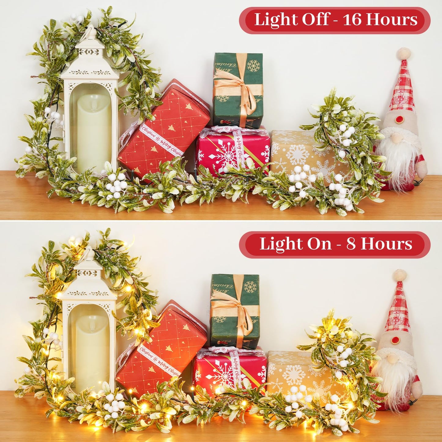 Dolicer 5.9 FT Pre-lit Christmas Garland with 20 LED Lights, Battery Operated Christmas Garland with Timer, Lighted Garland with Snowflake Berries for Mantle Stairs Christmas Decorations (White)