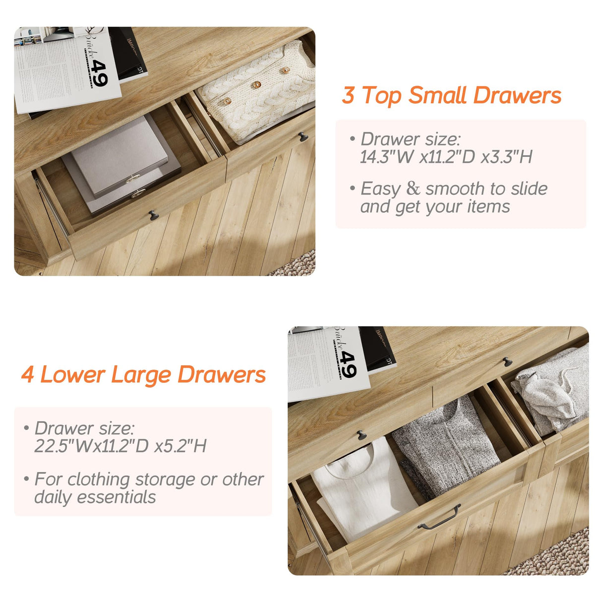 WAMPAT Kids Dresser with 7 Drawers for Bedroom, Wide Baby Dresser for Nursery & Kids Room, Farmhouse Chests & Dressers, Wooden Dresser Closet Organizer for Children’s Bedroom, 54 Inch, Oak WAMPAT