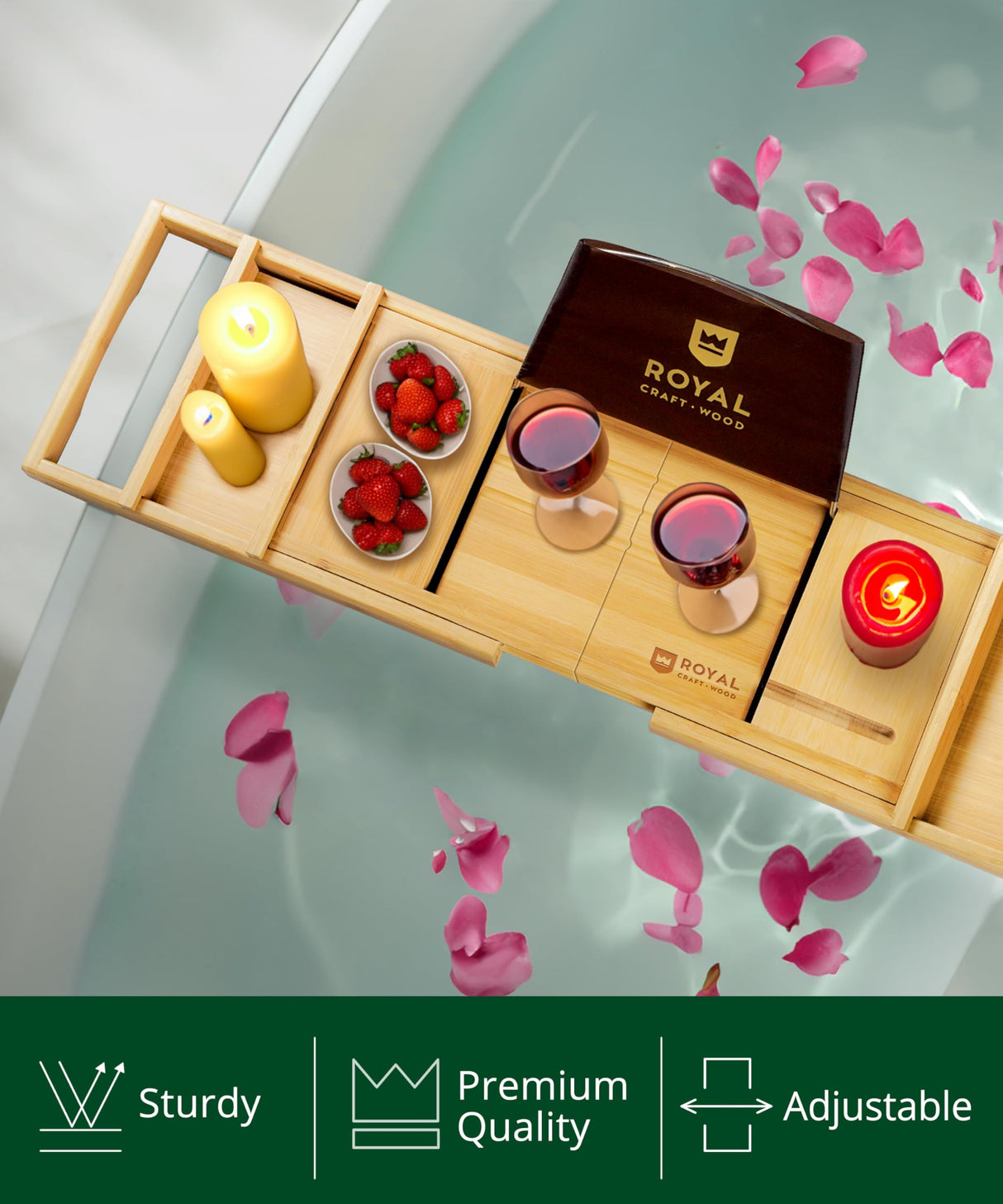 ROYAL CRAFT WOOD Premium Foldable Bathtub Tray - Wood Bath Tray for Tub, Bamboo Shelf, Expandable Bath Table Trays, Bathtub & Bathroom Accessories for New Home & Mothers Day & Birthday Gifts for Mom ROYAL CRAFT WOOD