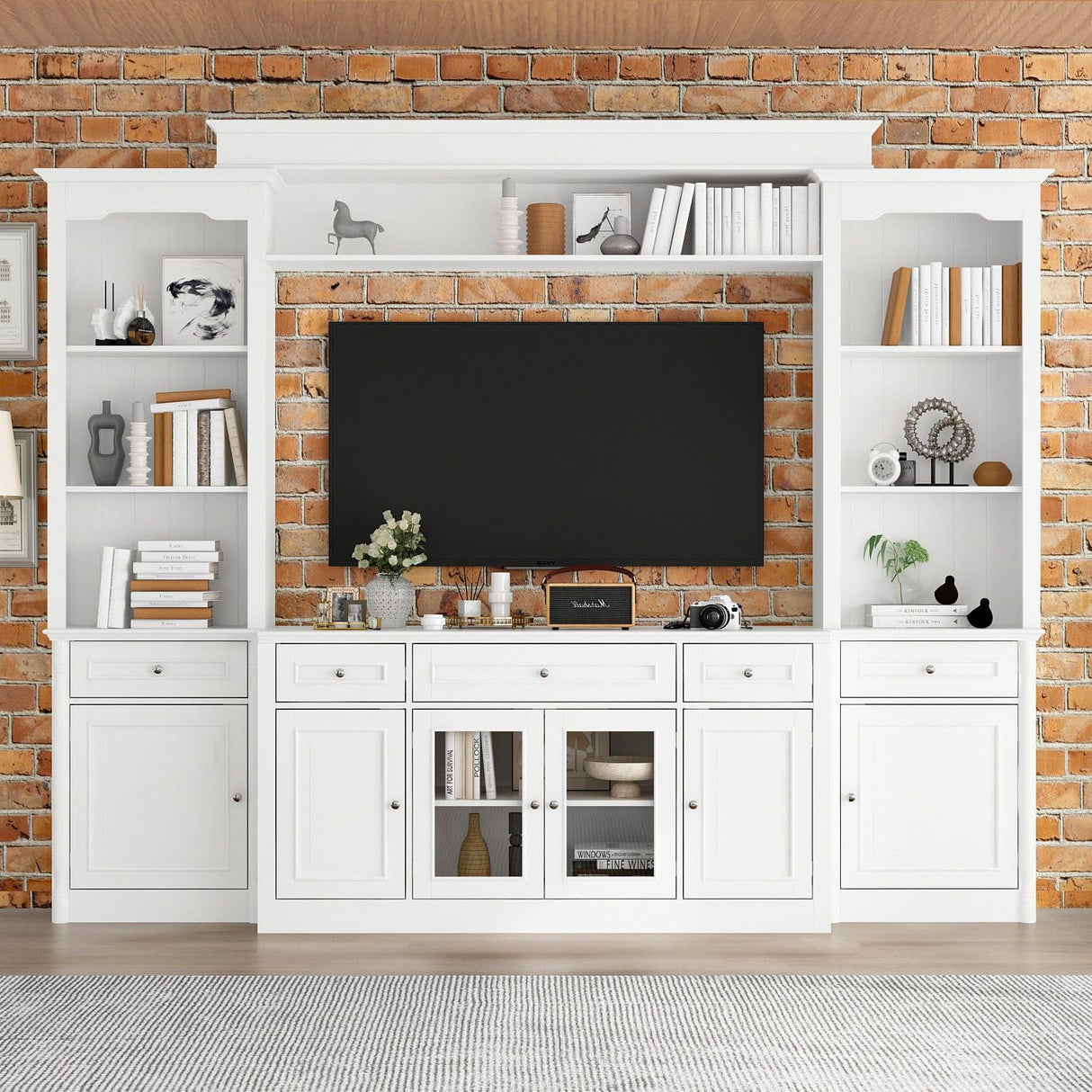 FAMAPY Large Entertainment Center with Bookshelves for TVs up to 60", Media Center with Doors and Shelves, TV Entertainment Center with Bridge, TV Hutch for Living Room White (104.3”W x 17”D x 82.3”H) FAMAPY