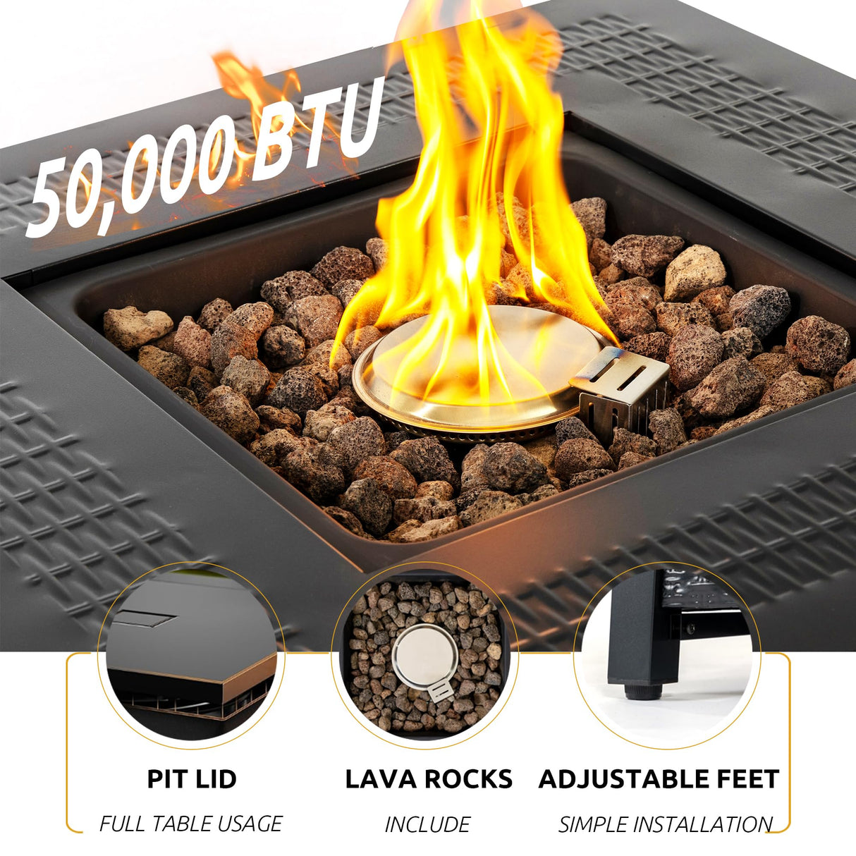 NIGOME Propane Fire Pit Table,Out Door Fire Pits & Fireplaces,Gas Fire Pit with Lid and Lava Rock.Square Black Fire Pit Table on Patio Deck & Garden Backyard. (Raven‌ Black, 28-inch) Nigome
