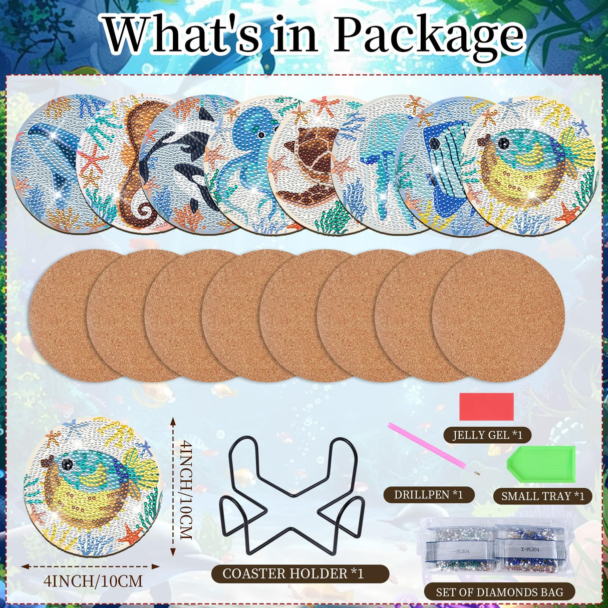 Sitsink Diamond Art Coasters Kit - Nautical Marine Life Diamond Painting Coaster Kits, Summer Ocean Animal Rhinestone Get Art Crafting for Adult Women (8 pcs) Sitsink