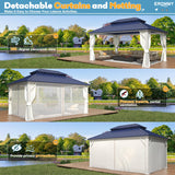 EROMMY 12'x16' Gazebo Hardtop, Galvanized Steel Double Roof Metal Gazebo with Aluminum Frame, Permanent Outdoor Pavilion with Curtain and Netting for Patio Lawn and Garden, Blue EROMMY