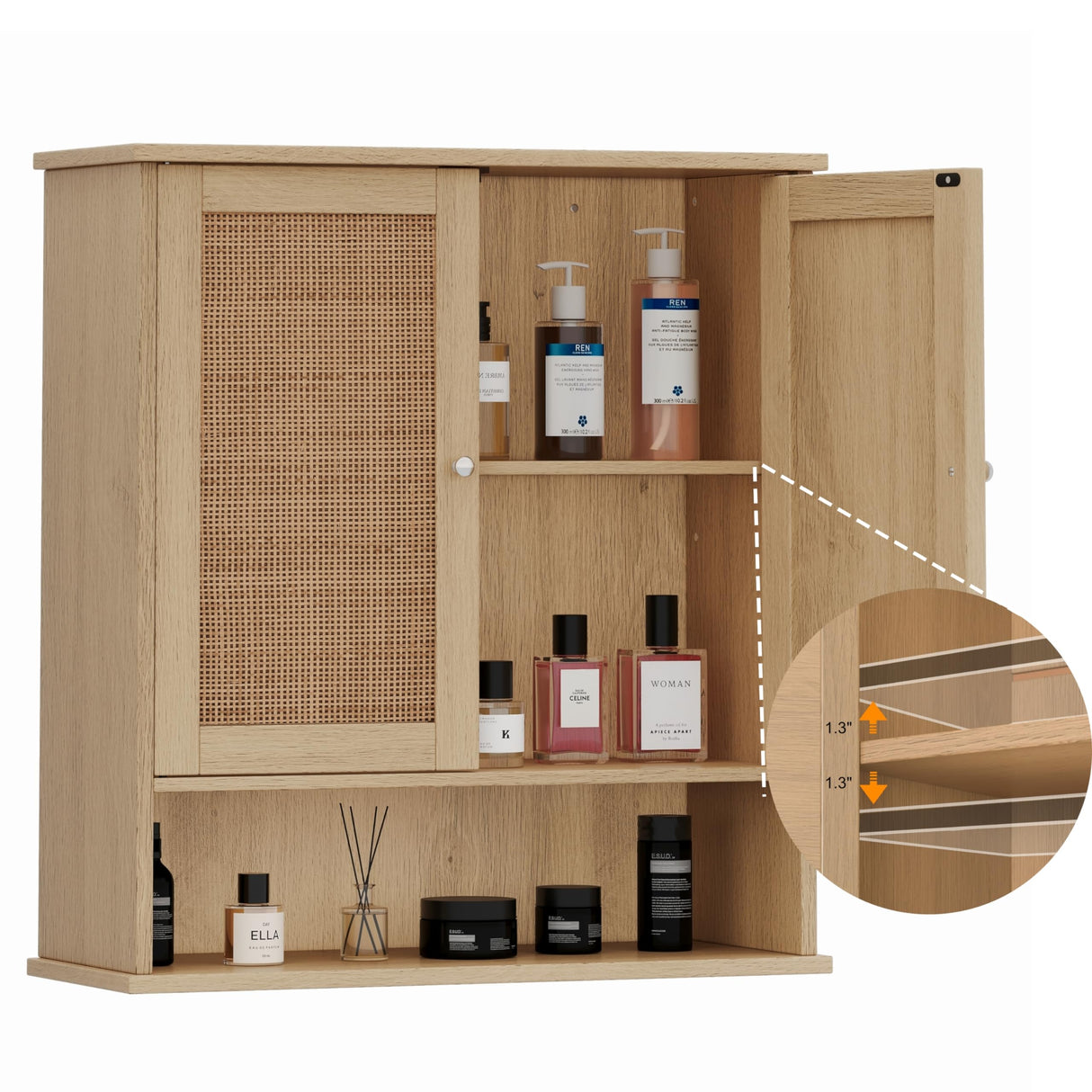 Reettic Rattan Two Door Wall Cabinet, Wooden Medicine Cabinet, Wall Mounted Bathroom Storage Cabinet with Inner Adjustable Shelf, for Bathroom, Kitchen, Entryway, Natural BMGZ103M Reettic