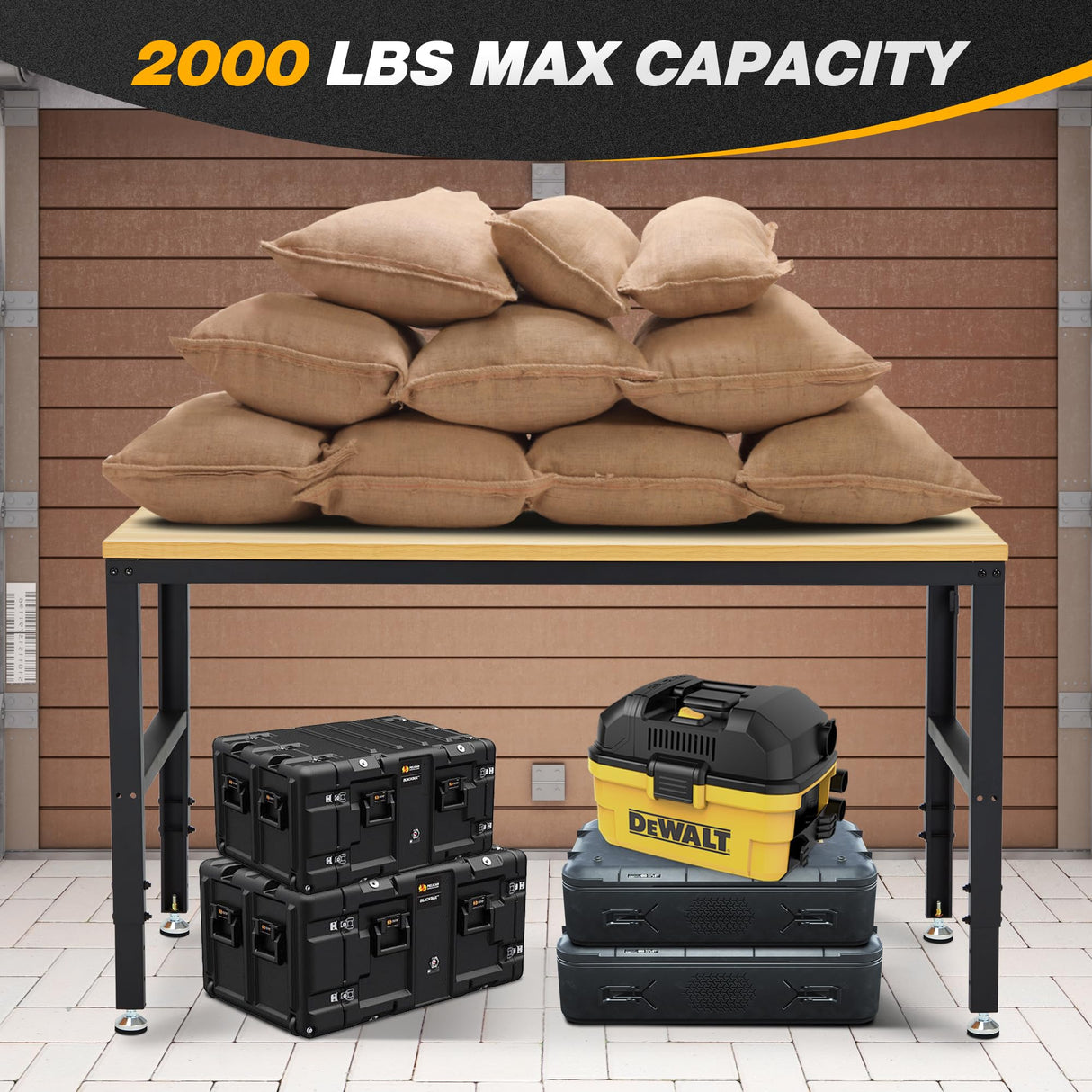 Adjustable Height Wood Workbench, 60" L X 24" W 2000 Lbs Capacity Heavy Duty Work Bench, Smooth Surface Work Table with Power Outlets for Garage, Workshop, Office, Home Antifir