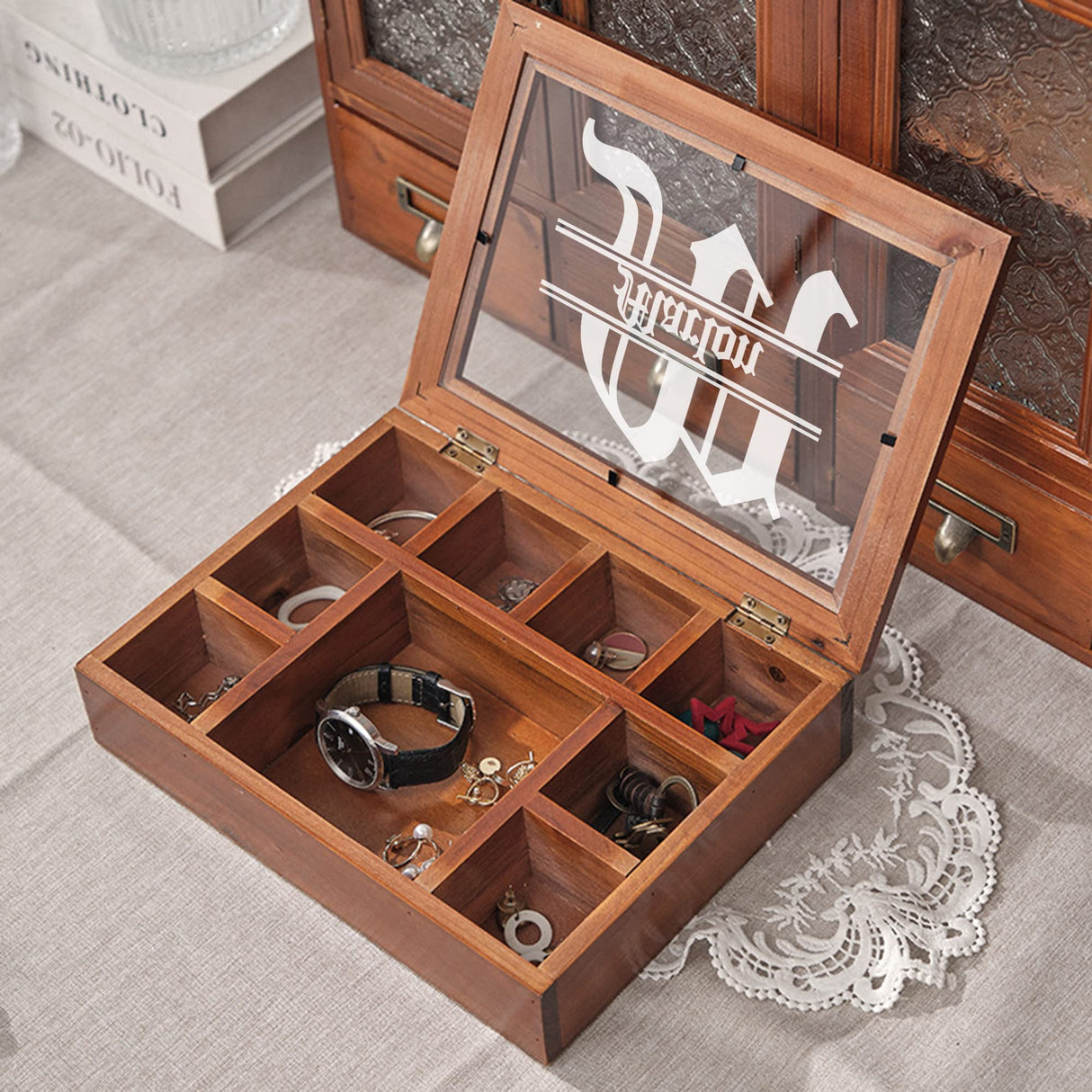 Personalized Wooden Jewelry Box Organizer for Men Custom Gifts for Dad Husband Grandpa Boyfriend Customized Watch Jewelry Storage Box with Initial Name, Gifts for Fathers Day Birthday Anniversary Generic