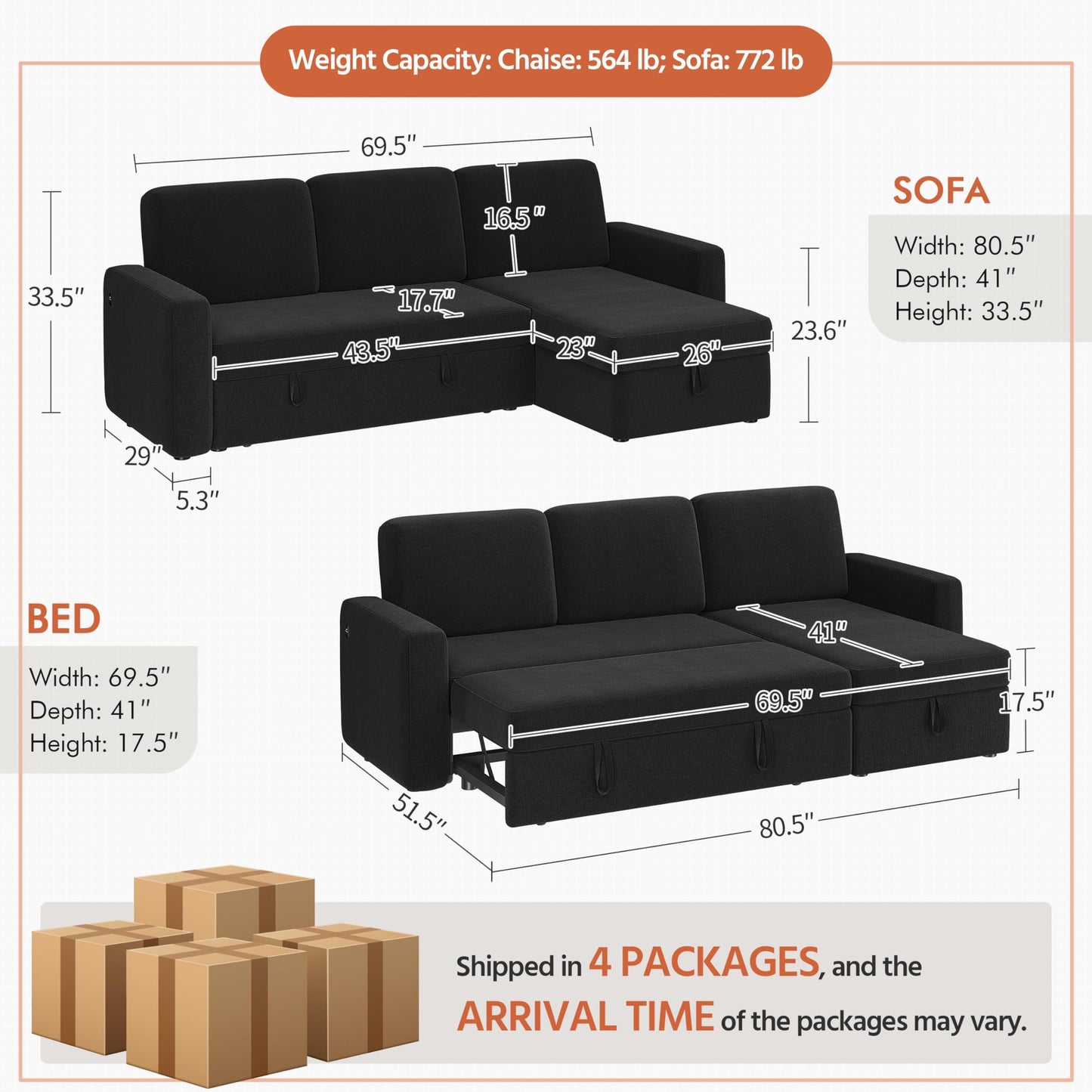 Yaheetech Sectional Sofa L-Shaped Sofa Couch Bed w/Chaise & USB, Reversible Couch Sleeper w/Pull Out Bed & Storage Space, 4-seat Fabric Convertible Sofa, Pull Out Couch for Living Room Black