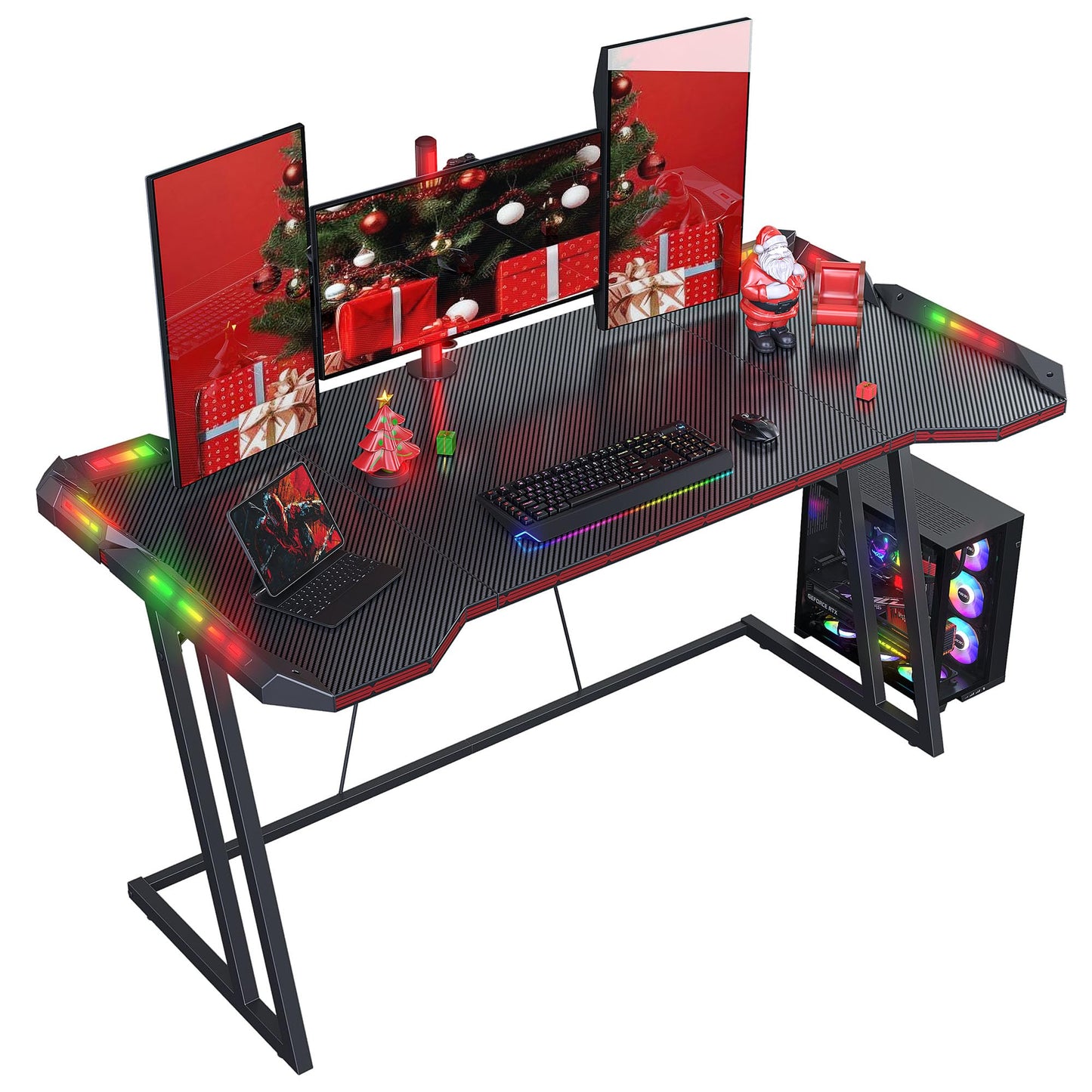 CubiCubi Gaming Desk with LED Lights, 63 Inch Z Shaped Gamer Desk, Home Game Computer Desk with Carbon Fiber Surface, Ergonomic Office PC Workstation with Cable Management, Black