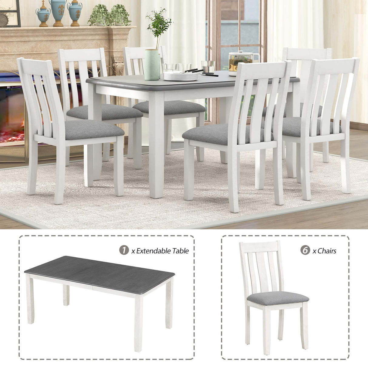 CITYLIGHT 7 Pieces Dining Table Set with Extendable Tabletop and 6 Upholstered Chairs, Solid Wood Kitchen Dining Room Table Set, Kitchen Furniture Set for 6-8 People, Gray Tabletop + White CITYLIGHT