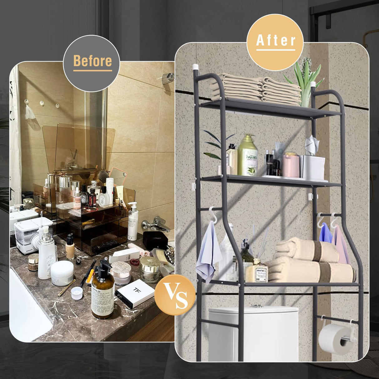 Metal Over Toilet Storage Stand Above Bathroom Organizers and Storage Cabinet Behind Over The Toilet Shelf Rack 3 Tier Bathroom Shelves Over Toilet Freestanding Space Saver with Toilet Paper Holder Rindoujin