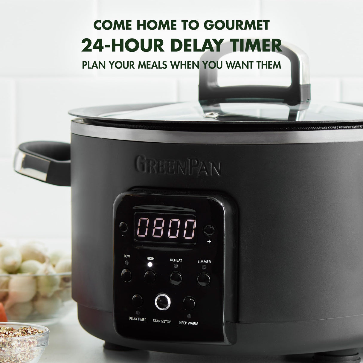 GreenPan 6-in-1 4QT Electric Ceramic Slow Cooker with Glass Lid, Multifunction Presets, Hard Anodized PFAS-Free Removeable Nonstick Crock, Dishwasher Safe, Auto Warm, Delay Timer, Stews, Reheat, Black GreenPan