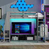 SOFTSEA Twin Size Wood Gaming Loft Bed with Desk & Wardrobe, Solid Wood Loft Bed with Storage Shelves, TV Stand and LED Lights for Kids Teens, Space-Saving Bed with Ladder, Grey SOFTSEA