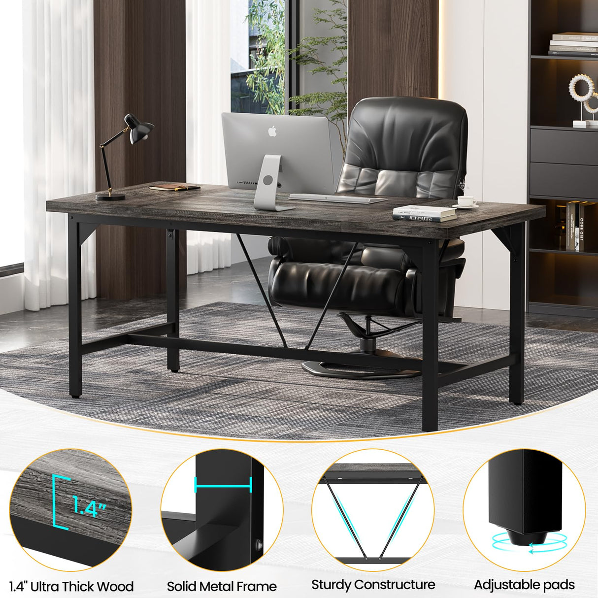 Unikito Large Computer Desk, 63 x 31.5 Inch Long Office Desk, Premium Sturdy 2 Person Desk, 1.4” Thick Study Writing Table, Modern Laptop Computer Table for Home Office Workstation, Black Oak Unikito