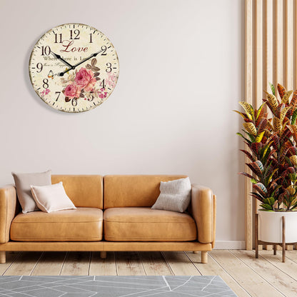 Eruner 24 Inch Wooden Wall Clocks Love Rose Vintage Wall Clock Large Farmhouse Clocks French Clocks Retro Rustic Wall Clock Silent Scan Non-Ticking for Home Living Room Bedroom Kitchen - WoodArtSupply