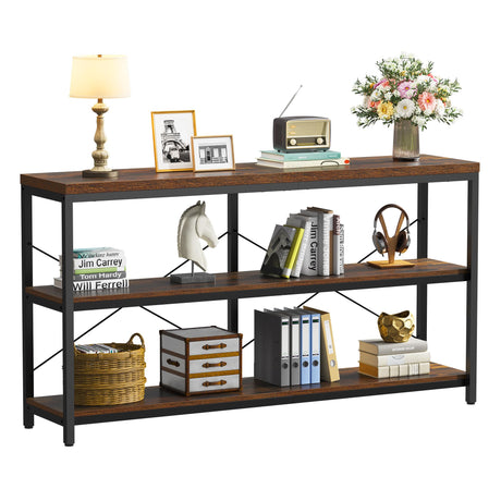 Semoic 3-Tier Industrial Bookshelf, Wide Wood Horizontal Bookcase, Open Large Book Shelf with Metal Frame, Display Rack Shelving Unit, Storage Organizer for Living Room, Bedroom & Study, Brown Semoic
