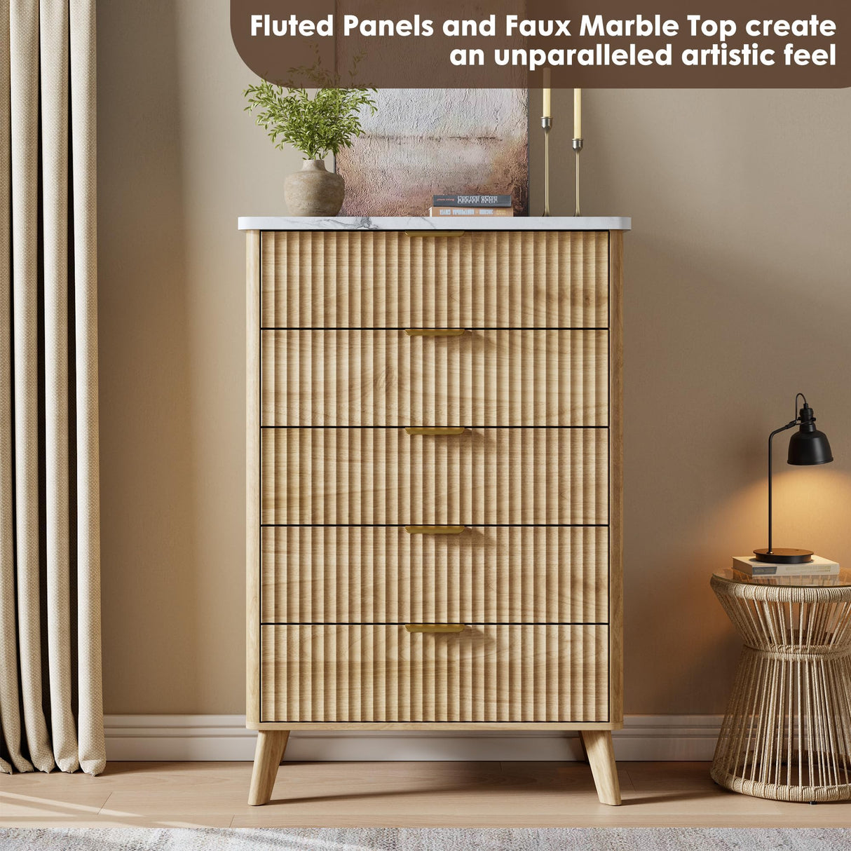 Garvee 5 Drawers Dresser for Bedroom, 47.2" Tall Dressers with Curved Profile Design, Fluted Wood Drawers with Gold Handle, Modern Chest of Dressers with Thickened Design for Living Room, Natural Garvee