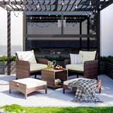 Pamapic 5 Pieces Outdoor Patio Wicker Chairs Set with Ottoman, Outside Conversation Furniture Set with Cushions and Coffee Table for Balcony Porch Lawn Garden (Cream Cushion+ Umber Rattan) Pamapic