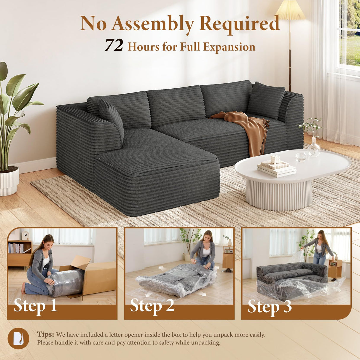 Vesgantti 106" Boneless Couch with Chaise, Deep Seat Comfy Cloud Modular Sofa Corduroy Memory Foam Sectional Couches for Living Room Bedroom, No Assembly Required (Grey, Left-Facing Chaise) Vesgantti